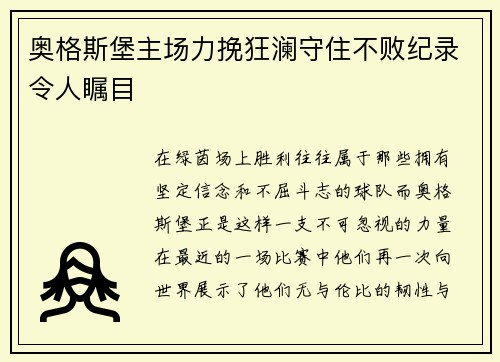 奥格斯堡主场力挽狂澜守住不败纪录令人瞩目